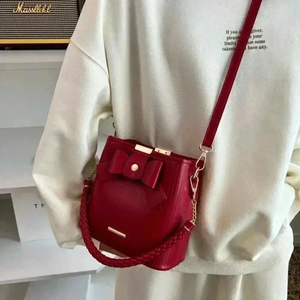New Women Red Casual Bow Decorated Bucket Crossbody Bag